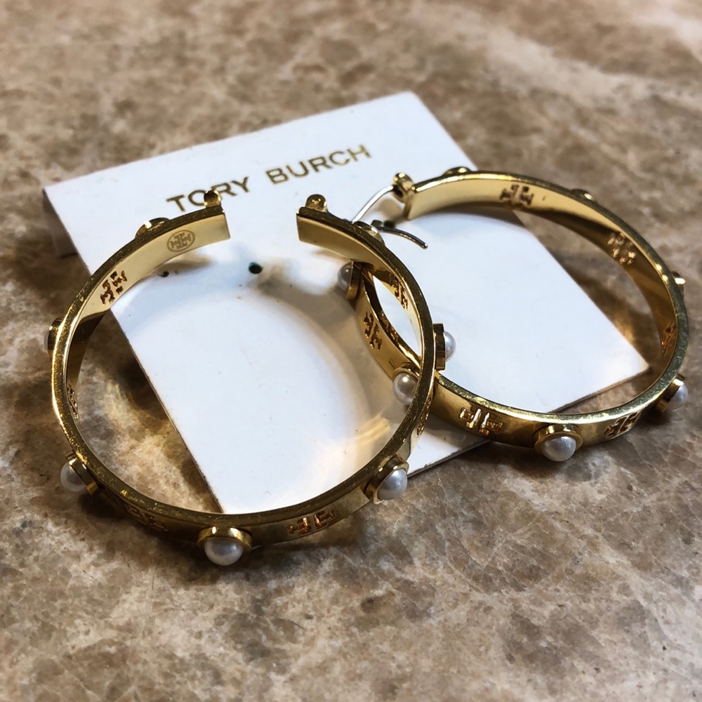 Tory Burch Pearl Logo Hoop Earring